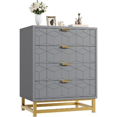 grey gold dresser 4 Drawer with 3D Geometric Pattern, Modern Chest of Drawers with Smooth Glide Rails & Metal Base, Tall Storage Cabinet Unit, Gold Buckle