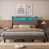 Bed Frame with USB Charging Station & LED Lights, LED Platform Bed with 2-Tier Upholstered Storage Headboard, Sturdy Wood Support, - 4 of 4