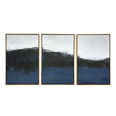 Sapphire Abstract Gold Framed Canvas Triptych Wall Art, 24"x48"