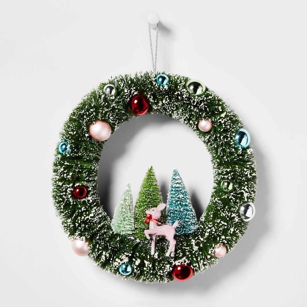 Flocked Artificial Wreath with Retro Deer and Trees - Wondershop