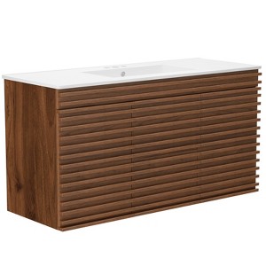APRILSOUL Bathroom Vanity, Mid-Century Wall Mounted Floating Cabinet with 2 Closing Doors, Wood Grain Texture, Walnut - 1 of 4