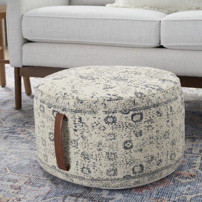 Ivory and Navy Floral Cotton Round Pouf with Faux Leather Handle