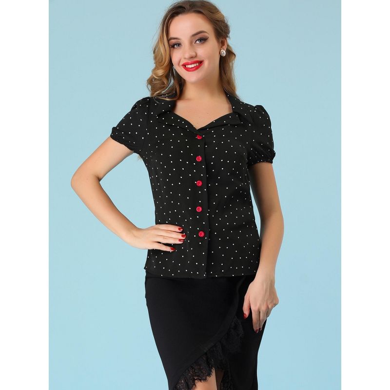 Allegra K Women's Polka Dots Short Sleeve Piped Button Down Work Top, 4 of 7