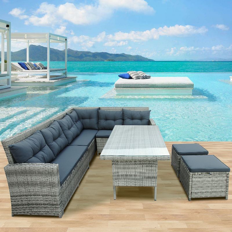 6-Piece Outdoor Patio Sectional Sofa with Glass Table and Ottoman for Pool, Backyard, Lawn - ModernLuxe, 2 of 13