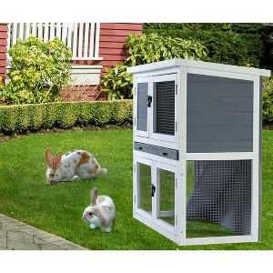 Rabbit Wood Hutch House, 2-Layer Solid Wooden Rabbit Cages With Climbing Ladder And Cleaning Tray - 1 of 4