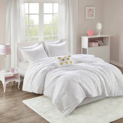 White and Gold Twin Microfiber Plush Comforter Set with Heart Print