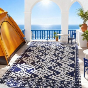 NAYSAYE 9' x 18' Reversible Outdoor Patio Rug Portable Camping Area Mat for Backyard Picnic, Blue and White - 1 of 4