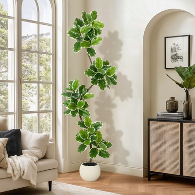 Garvee Fiddle Leaf Fig Tree Artificial Indoor, Faux Rubber Tree with Sphere Planter, Tall Artificial Plants with Moss for Home Decor Office