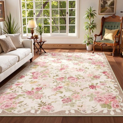 Lahome French Style Full Coverage Floral Area Rug Short Cashmere with Felt and TPE Backing for Living Room Bedroom Study Room Entryway-Pink-8'2"x10'