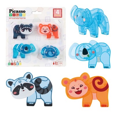 PICASSO-TILES 4 PC Animal Character Theme Set Magnetic Tiles, Building Blocks, STEM Toys for Kids 3+