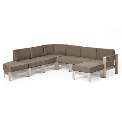 Cape Coral 7pc Half Round 5 Seater Sectional with Ottoman - Khaki/Silver - Christopher Knight Home