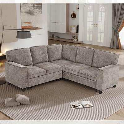 MAYEERTY Spacious L-Shaped Sectional with Sleeper Function - Storage Seats, USB Charging, Light Brown Fabric - Living Room Essential