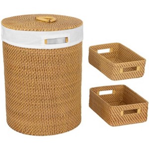 Seville Classics Rattan Wicker Handwoven Round Laundry Hamper 3 Piece Set - 1 of 4
