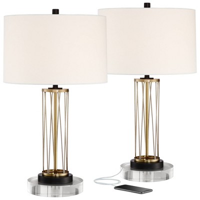 360 Lighting Nathan Gold Cage USB Table Lamps With 8" Round Risers