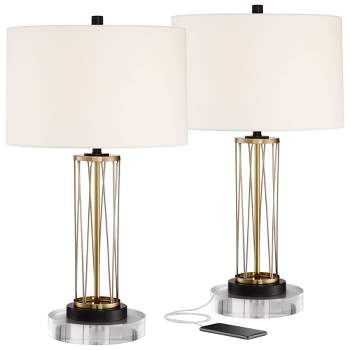 360 Lighting Nathan Modern Table Lamps Set of 2 with Round Risers 27" Tall Gold Metal USB Charging Ports White Drum Shade for Bedroom Living Room Home