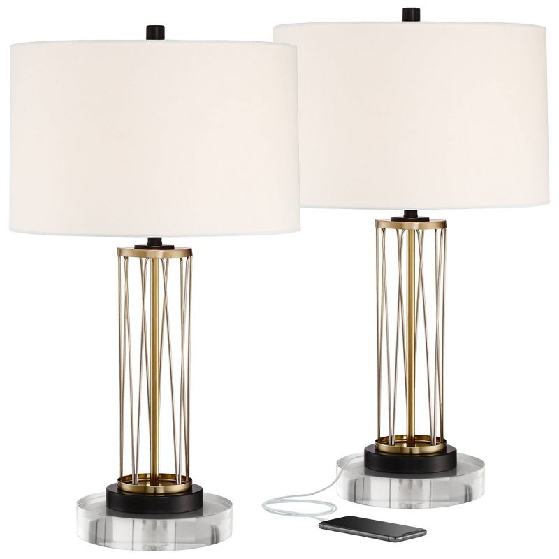 360 Lighting Nathan Modern Table Lamps Set of 2 with Round Risers 27" Tall Gold Metal USB Charging Ports White Drum Shade for Bedroom Living Room Home, 1 of 6