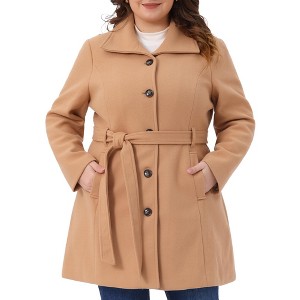 Women's Plus Size Lapel Long Sleeves Pockets Winter Casual Single Breasted Pea Coat with Belt - Agnes Orinda - 1 of 4