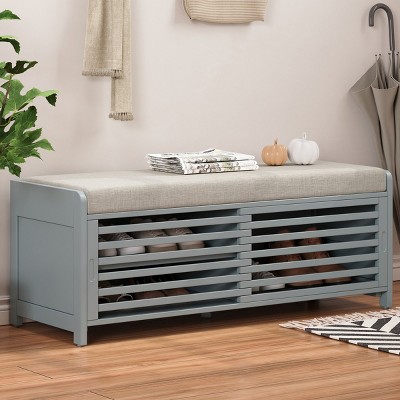 43.3" Shoe Cabinet Bench with Shutter-Style Slat Doors and Movable Cushion,Space-Saving Shoe Storage for Small Spacesand Entryways-The Pop Home