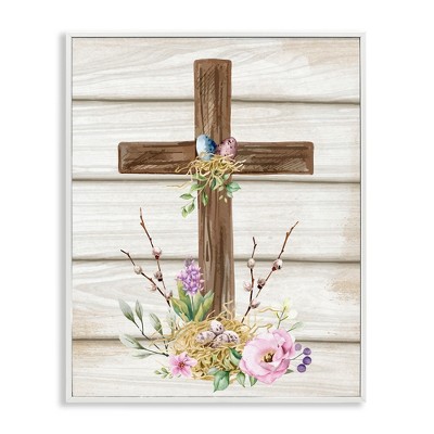Stupell Industries Spiritual Easter Cross Spring Blossoms Black Framed Giclee Art