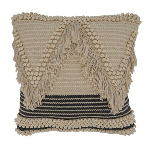 Saro Lifestyle Woven Fringe Pillow - Down Filled, 18" Square, Natural - 1 of 3