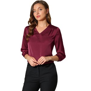 INSPIRE CHIC Women's V Neck 3/4 Sleeve Casual Office Work Satin Blouses - 1 of 4