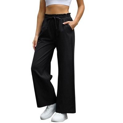 Womens Linen Pants High Waisted Wide Leg Drawstring Casual Loose Trousers with Pockets
