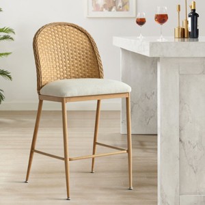 Rattan Counter Stool, Linen Upholstered Midbar Chair, 26 Inch Stools with Rattan Back for Kitchen Island, Dining Room - Maison Boucle - 1 of 4