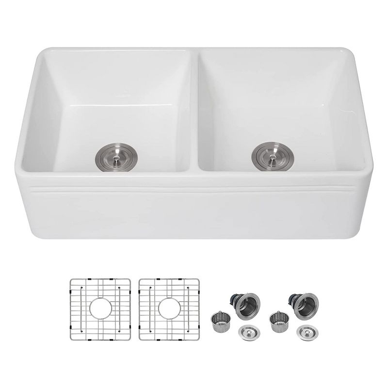 Sarlai Farmhouse 33 Inch Reversible Fireclay Ceramic Double Bowl Apron Front Kitchen Sink with 2 Drain Assemblies and 2 Rinse Grates, White, 1 of 7