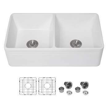 Sarlai Farmhouse 33 Inch Reversible Fireclay Ceramic Double Bowl Apron Front Kitchen Sink with 2 Drain Assemblies and 2 Rinse Grates, White