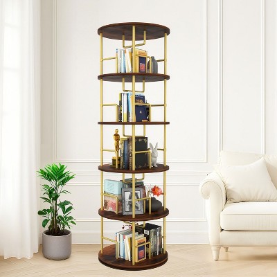 ORRD 5-Tier 360° Rotating Bookshelf, Wood & Metal Stackable Swivel Bookcase Tower, Space-Saving Gold
