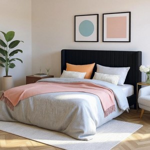 Velvet Upholstered Bed with Wingback Headboard, No Box Spring Needed - 1 of 4