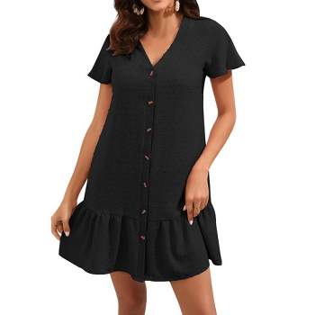 Womens Ruffled Hem Button Down Dress with Flared Sleeve Summer Short Sleeve Tunnic Dress Swiss Dot Mini Dress