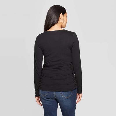 Womens Casual V Neck Cold Shoulder Bodycon Shirred Belly Long Sleeve T Shirt Tops and Blouse Black,S-XXL 