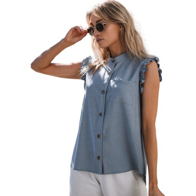 Amaryllis Women's Sleeveless Button-Down Shirt with Ruffle Trim Chest Pocket Casual Wear