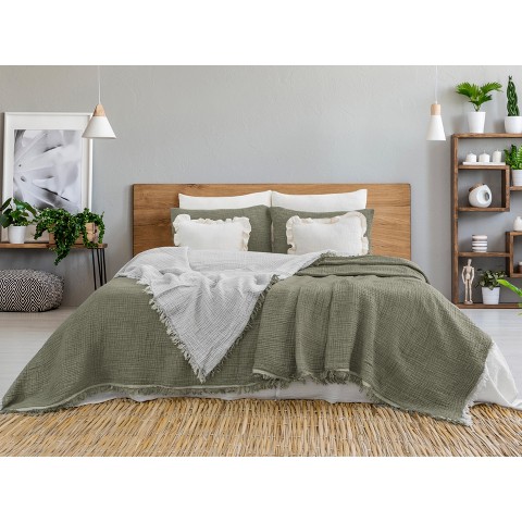 Sussex Home Muslin Blanket 4 Layers, Soft Bedspread, 100% Turkish Cotton Khaki Muslin Bed Cover, 91 x 95 in