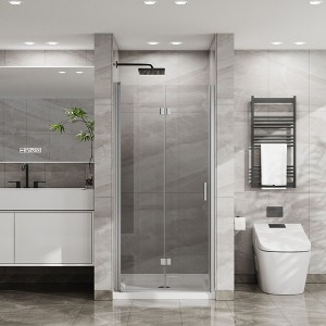 34"x 72" Bifold Frameless Glass Shower Door Combo w/ White Acrylic Shower Base, 1/4 inch Tempered Clear Glass in Chrome Aluminum Finish, Foldable - 1 of 4