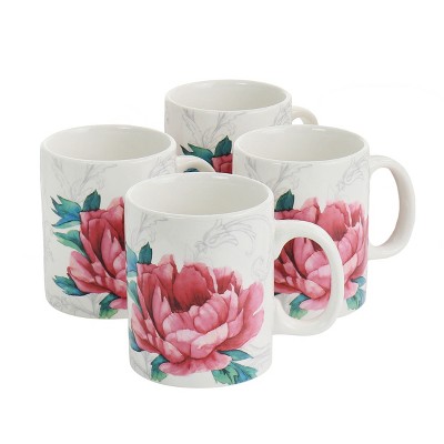 Gibson Peony 16 Ounce Fine Ceramic Mug Set in White and Pink