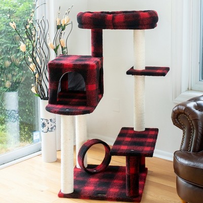 50-Inch Red and Black Plaid Sisal Cat Tree with Lounger