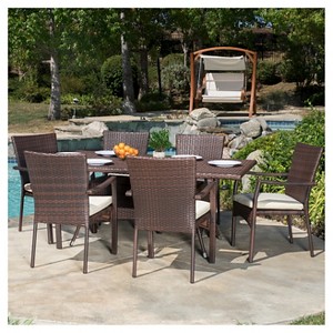 Thompson 7pc Wicker Patio Dining Set with Cushions - Brown - Christopher Knight Home: Weather-Resistant, 6 Arm Chairs, Galvanized Steel Hardware - 1 of 4