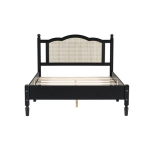VYNXARIA Elevate Your Bedroom with This Stylish Black Full Size Wooden Platform Bed and Natural Rattan Headboard - 1 of 4