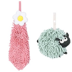 REGALWOVEN Flower and Sheep Shape Absorbent Fast Drying Chenille Hand Towels with Hanging Loop 6" x 15"/7" x 7" 2 Packs - 1 of 4