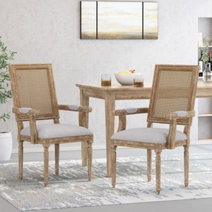 KWPZQEB French Accent Chair Set of 2, Farmhouse Wood Rattan Dining Chair with Armrests, Back & Upholstered, Mid Century Kitchen Chairs - 1 of 4