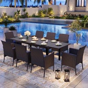 Captiva Designs 9pc Outdoor Patio Expandable Steel Dining Table & & Crescent Arm Rattan Chairs - 1 of 4