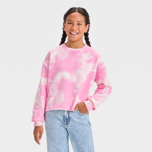 Girls' Tie-dye Fleece Cropped Crewneck Sweatshirt - Art Class™ Pink : Target