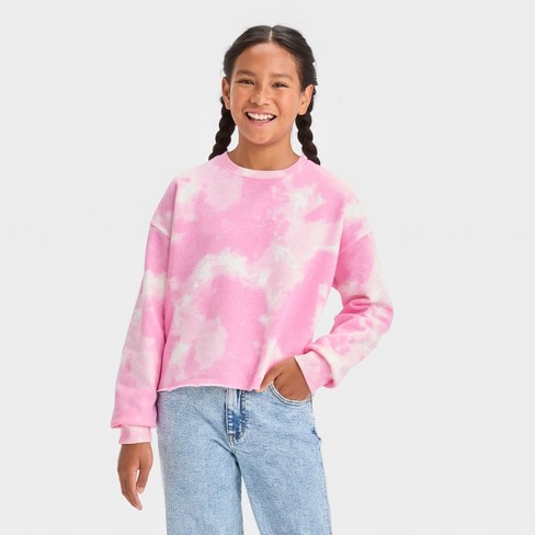 Girls' Tie-dye Fleece Cropped Crewneck Sweatshirt - Art Class™ Pink S ...