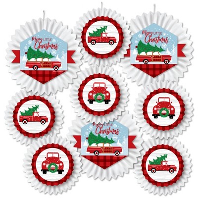 Big Dot of Happiness Merry Little Christmas Tree - Hanging Red Truck and Car Christmas Party Tissue Decoration Kit - Paper Fans - Set of 9