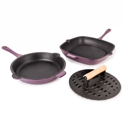 Berghoff Neo Cast Iron 4pc Set, Fry Pan 10, Square Grill Pan 11, & 5qt.  Covered Dutch Oven, Purple : Target