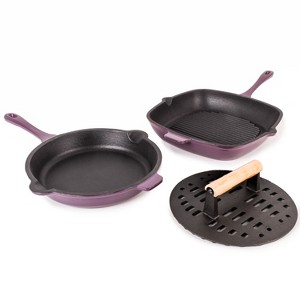 BergHOFF Neo 3Pc Cast Iron Cookware Set, Fry Pan 10", Square Grill Pan 11" & Slotted Steak Press - 1 of 4