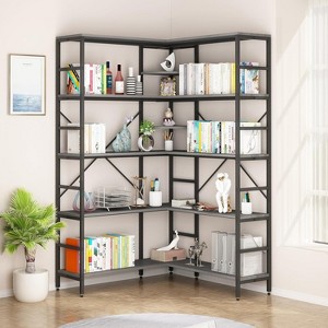 Jojoka 4 Tier L-Shaped Bookshelf, Industrial Corner Bookcase with 4 Open Shelves, 2 Curved Panels - 1 of 4