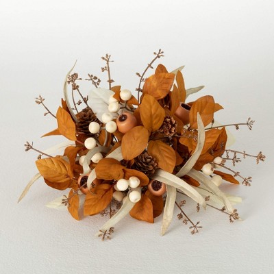 5.5"H Sullivans Artificial Mixed Foliage Fall Orb, Brown-Cream